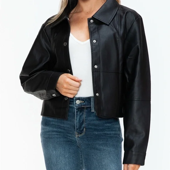 Snobbish Snap Down Long Sleeve PU Leather Jacket - Picture 12 of 12